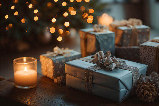 Christmas gifts wrapped with ribbon near a candle and festive lights, cozy holiday setting
