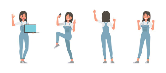 Woman wear blue denim jumpsuit character vector illustration design set. Presentation in various action.