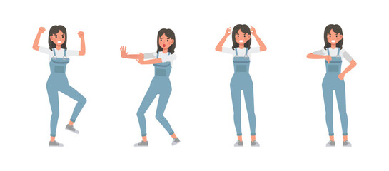 Woman wear blue denim jumpsuit character vector illustration design set. Presentation in various action.