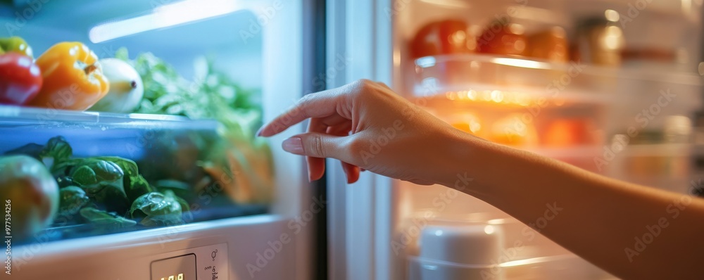 Poster close-up of a woman's hand adjusting the temperature on a modern smart thermostat with illuminated d