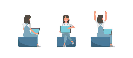 Woman wear blue denim jumpsuit character vector illustration design set. Presentation in various action.