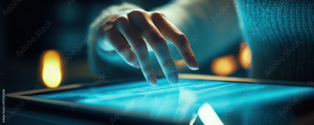 Poster close-up of a woman's hand interacting with a digital touchscreen device in a low-light environment,