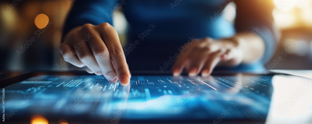 Poster close-up of woman's hands entering data on a tablet with glowing screen in low light environment, sh