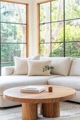 Obraz premium A cozy living room with a sectional sofa, wooden coffee table, and large windows that open onto a garden, blending comfort and modern design