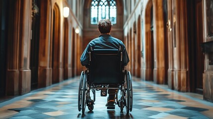 detailed look at a person in a wheelchair walking through a hallway highlighting the adaptive features, ease of navigation, and inclusive design of the indoor space