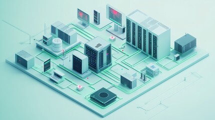 A comprehensive enterprise network layout showing interconnected servers, routers, and security gateways in a corporate environment.