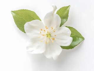 A single white apple blossom with two green leaves, isolated on a white background.