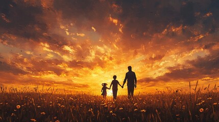 Fototapeta premium family walking together hand-in-hand through a field as the sun sets capturing the serene and warm evening atmosphere, natural landscape, and family bond