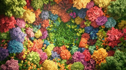 Craft a symbolic representation of the stock market as a vibrant garden seen from a worms-eye view, blending nature with economics in a captivating digital artwork