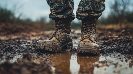 Muddy military boots in a puddle during outdoor training