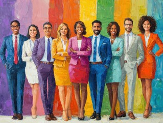 Obraz premium Craft a vibrant oil painting showcasing a diverse group of professionals in a frontal stance, exuding teamwork and unity