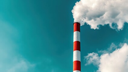 a tall smokestack, with red and white stripes, set against a blue sky with clouds The smokestack appears to be emitting air pollution Generative AI
