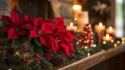 Christmas poinsettias and candles on holiday mantel with pine cones, warm lighting