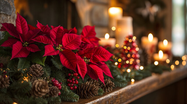 Christmas poinsettias and candles on holiday mantel with pine cones, warm lighting