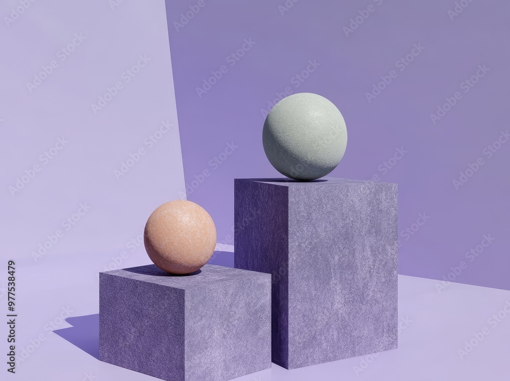 Poster a front view of a 3d abstract image depicting three spheres on pedestals with a white surface agains