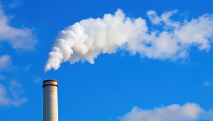 white smoke billowing from an industrial chimney against a blue sky background Generative AI