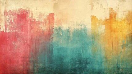 Abstract Vintage Texture: A captivating abstract background with layers of vibrant red, turquoise, and yellow paint, evoking a sense of vintage charm and artistic expression. The textured surface adds