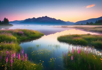 vibrant landscape showcasing first light dawn rich colors lush elements nature, sky, sunrise, clouds, trees, grass, water, reflection, mountains, horizon