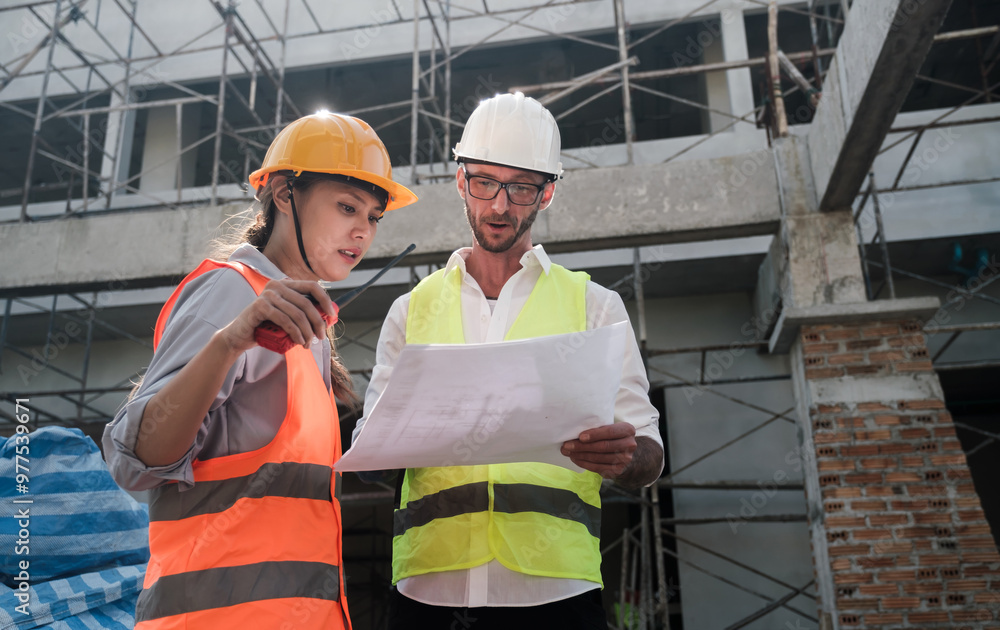 Poster contractor and engineer architect working together planning using blueprint design structure constru