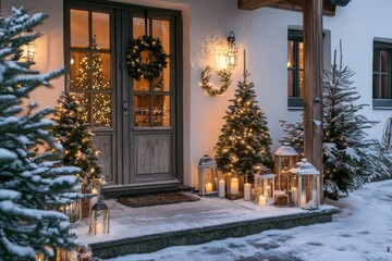 Porch of a house decorated for Christmas holidays with little trees and lanterns