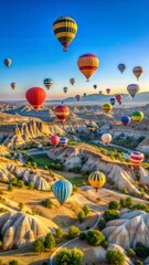 Obraz premium Colorful hot air balloons flying over stunning landscapes during sunrise in a breathtaking valley 