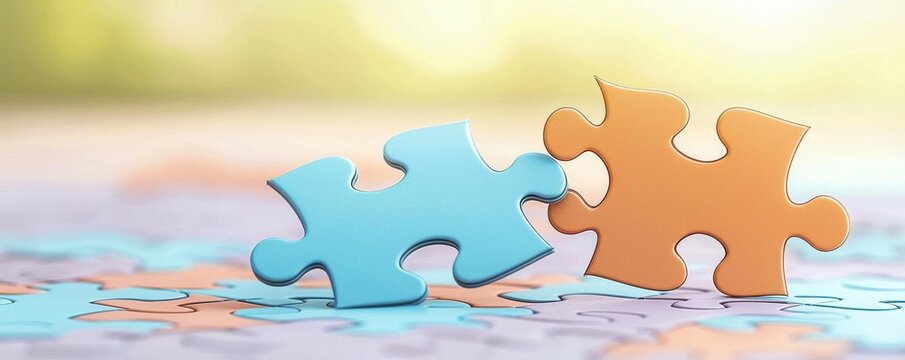 Illustrate a dramatic low-angle perspective of two puzzle pieces of different colors with intricate details