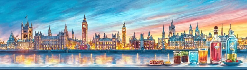 Obraz premium Illustrate a series of iconic buildings from a popular franchise at nighttime, set against a dramatic tilted sky, blending realism with a touch of fantasy