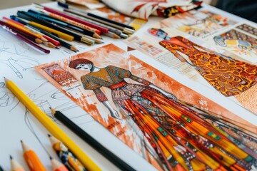 Obraz premium A drawing of a woman in a dress with a pencil and a box of colored pencils