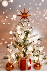 A beautifully decorated Christmas tree with lights, ornaments, and presents underneath, creating a festive atmosphere. 3d rendering