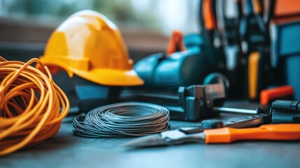 Electrician Tools Set. A Coil of Wire and Equipment in Background for Electrical Work
