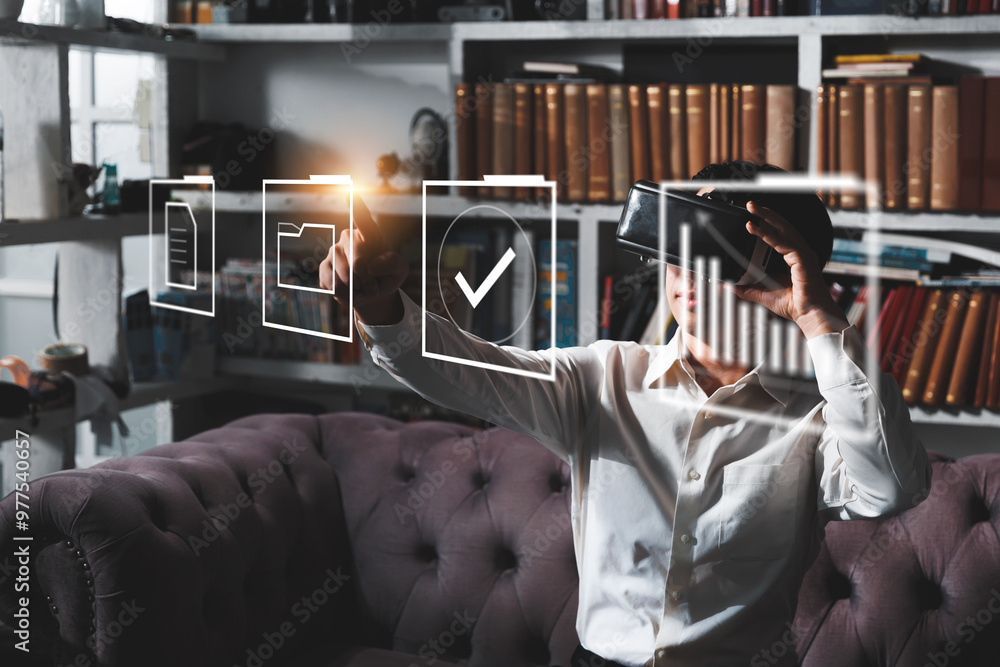 Poster businessman worker using vr virtual reality augment headset gear folder data and document management