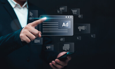 Online marketing and advertising concept. Businessman using smartphone planning strategy for future business promotion on websites and social media for traffic and awareness.