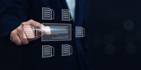 E-document in business transactions as a businessman efficiently signs digital smart contracts using electronic signature technology. Agreements in modern corporate management.