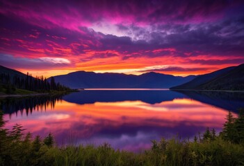 Obraz premium vibrant sunset over tranquil mountain silhouettes rich colors serene landscape, sky, clouds, nature, scenery, horizon, eastern, dusk, light, reflection