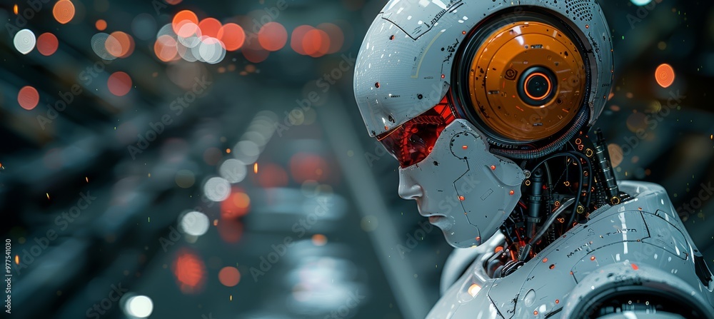 Poster ai robot shown from the side with a dark blurred background, space ready for text or design elements