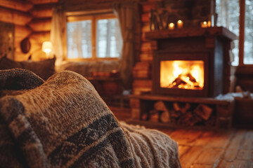 Cozy log cabin with fireplace glowing during winter