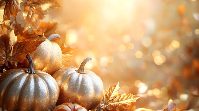 Golden Pumpkins and Autumn Leaves for Fall Background