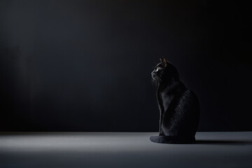 Full body Portrait in profile of adorable black cat sitting alone, with black background with copy space. Kitty isolated in white studio with white floor and wall.