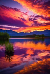Naklejka premium vibrant sunset over tranquil lake stunning mirrored reflections capturing beauty palette, water, colors, sky, horizon, evening, nature, scenery, landscape