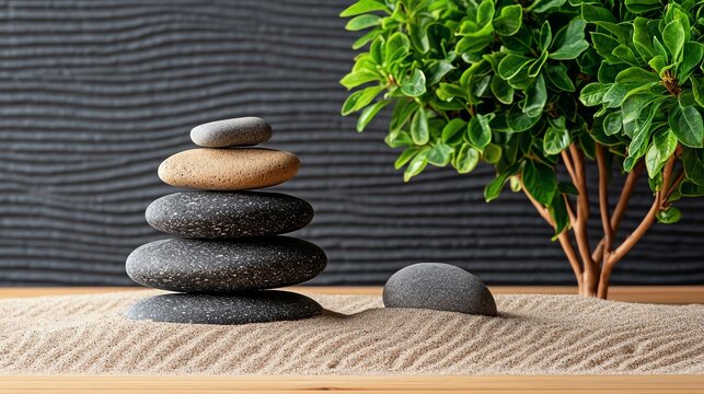 Balanced stones stacked on sand next to a green plant, creating a serene and tranquil zen garden scene.