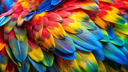 Close-up of vibrant, colorful parrot feathers showcasing a beautiful spectrum of red, yellow, blue, and green shades in stunning detail.