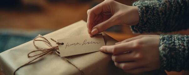 Obraz premium Hand placing a handwritten label on a Christmas gift with festive background lights and decorations.