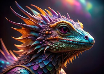 Obraz premium Colorful digital art of a mythical dragon with vibrant scales and detailed features, set against a dark background.