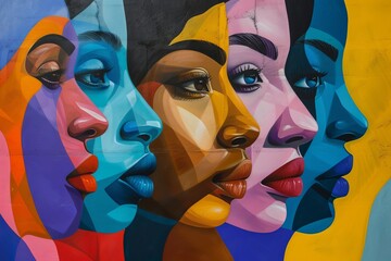 Obraz premium A painting of four women with different colored faces