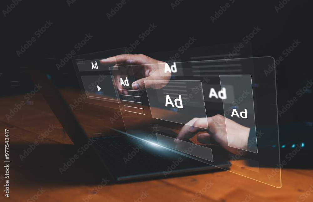 Poster digital marketing concept with businessman using computer laptop creating online adverts to increase