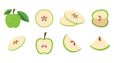 Big vector set of green fresh apples icon. Apple fruits on white isolated. Apple slices collection	