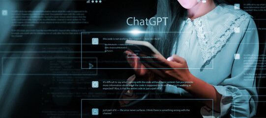 Online users with mobile smartphone using ChatGPT asking questions on business plans and investing creative ideas, AI chat chatting learning on information gathering, and internet data technology.