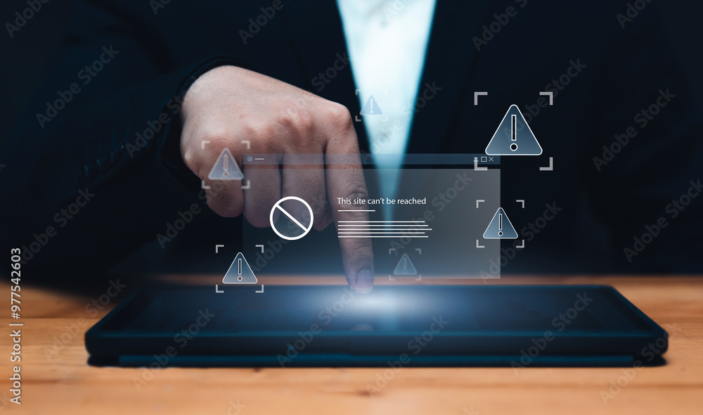 Poster blocked from accessing online internet web page of websites security, internet caution and warning o
