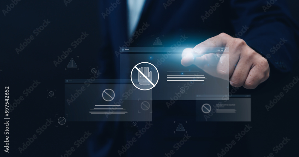 Poster blocked from accessing online internet web page of websites security, internet caution and warning o