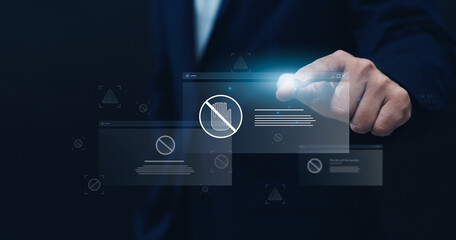 Blocked from accessing Online internet web page of websites security, Internet Caution and warning on risks and threats that can harm your business data and information on tablet.